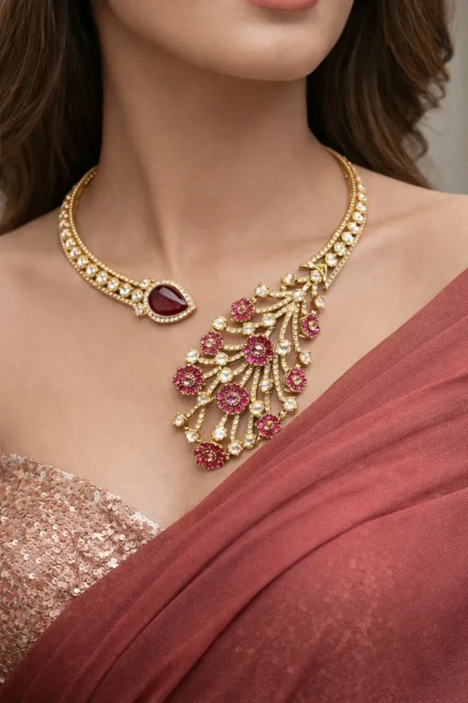 [Asymmetric Floral ruby and white Masonite Neckpiece with earrings] Asymmetric Floral ruby and white Masonite Neckpiece with earrings