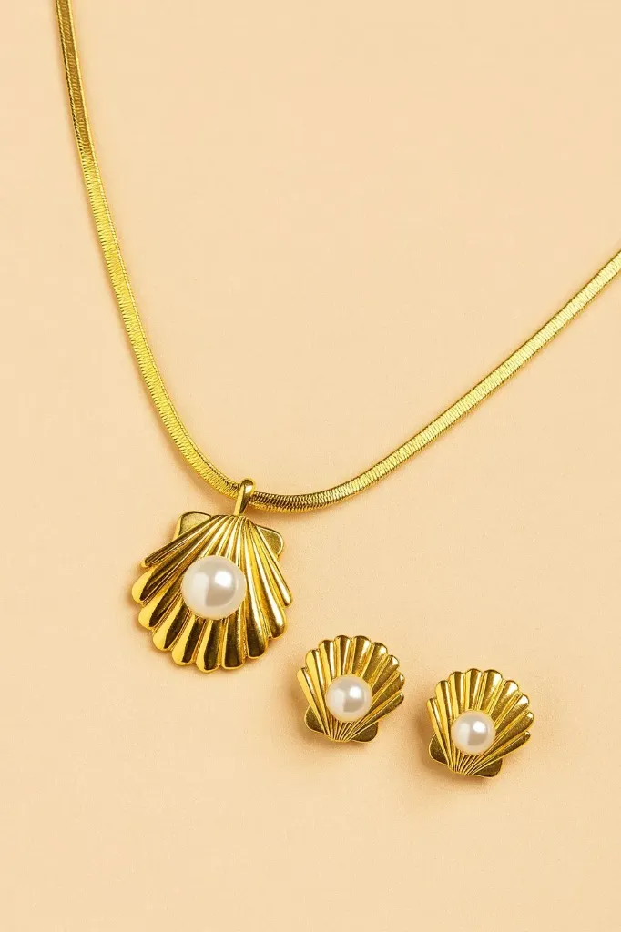 Gold Shell Pearl Pendant Set With Ring