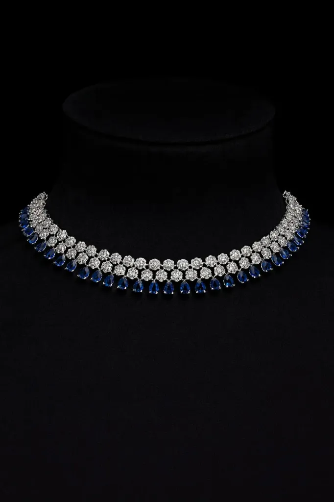 [TIVA Regal Blue American diamond choker with earrings] TIVA Regal Blue American diamond choker with earrings