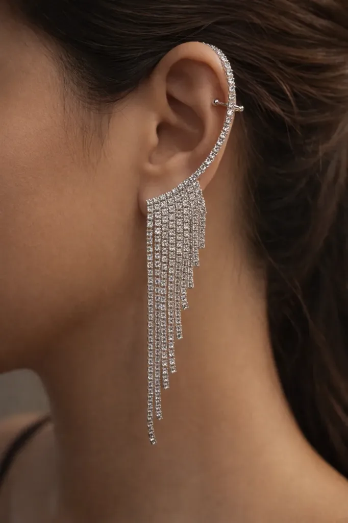 Silver Crystal Ear Cuff with Long Chain Tassel Drop (For one ear only)