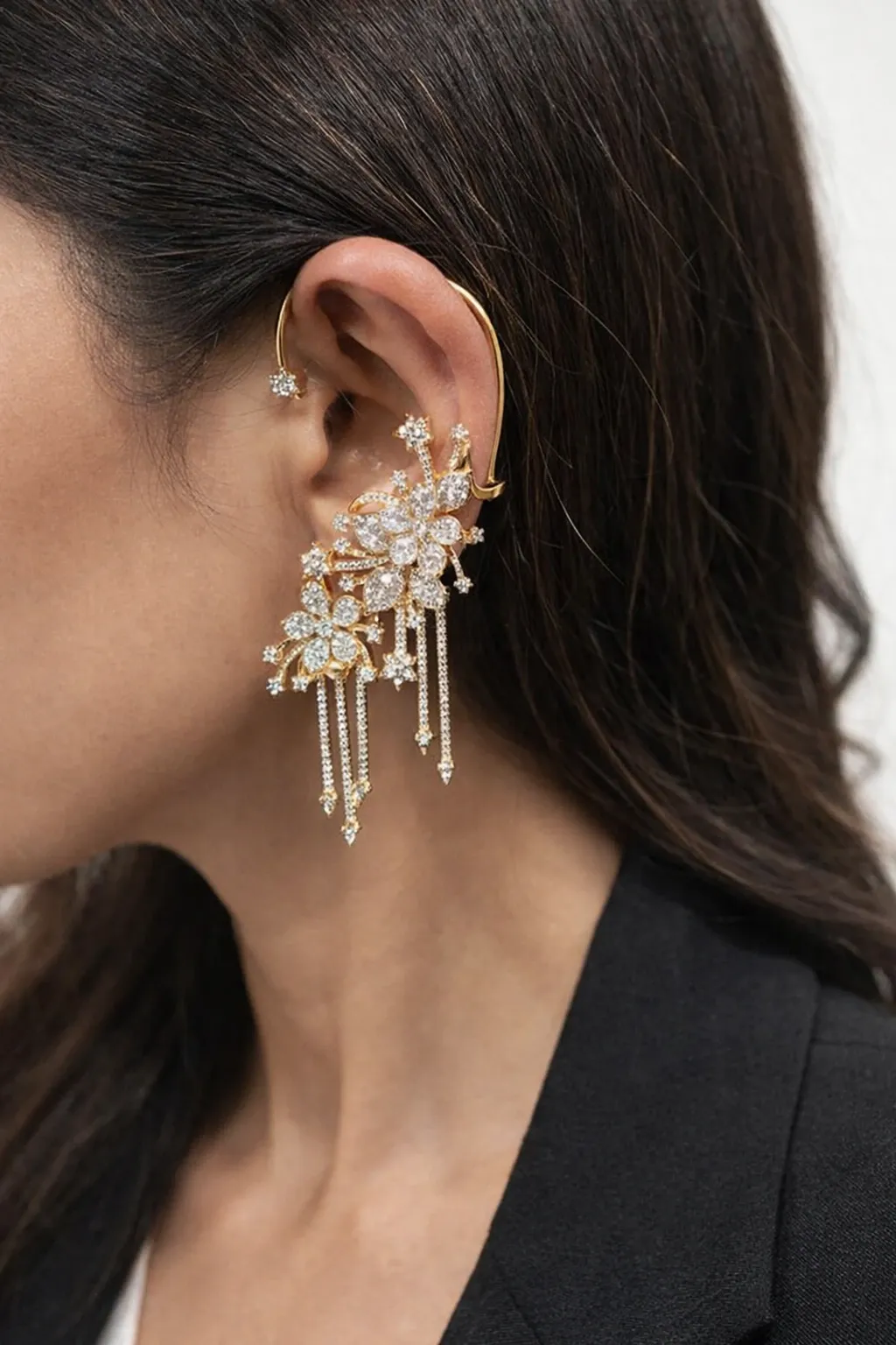 [American diamond Floral Ear Cuff Earring with Chain Dangles] American diamond Floral Ear Cuff Earring with Chain Dangles